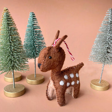 Fawn Deer Felt Wool Christmas Ornament displayed with Christmas decor