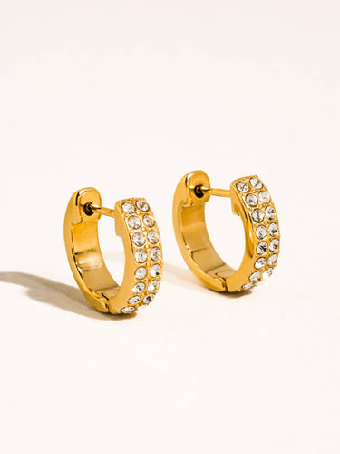 Lush 18K Gold Non-Tarnish CZ Pave Huggie Earrings featuring sparkling cubic zirconia stones.