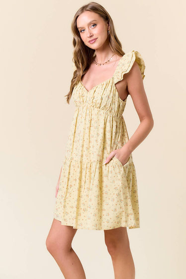 Cotton Floral Tiered Mini Dress W/ Side Pockets