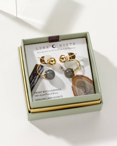 Green Light Front Back Post Labradorite Earring with genuine labradorite and gold-plated brass setting.