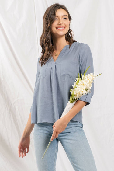 DOUBLE CHEST POCKET WOVEN TOP