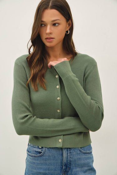 Model wearing purple [NEW COLOR] Ribbed Crewneck Cardigan in green