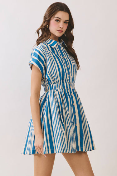 Blue Stripe Button Down Shirt Mini Dress with classic collar and button-down front, featuring short sleeves and cinched waist.