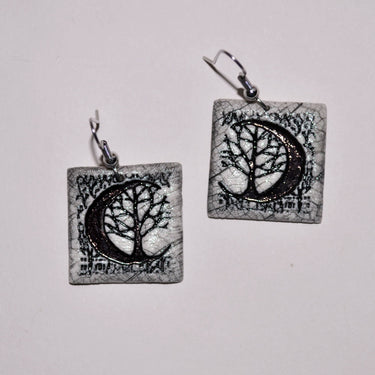 Earrings, Crescent Moon Tree square black handmade usa