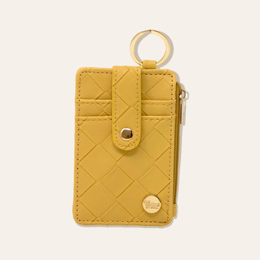 Keychain Wallet - Woven Mustard with faux leather, zippered pocket, and gold key ring.