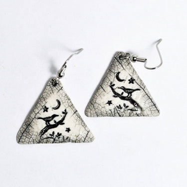 Earrings, Tri, ,bird,moon, stars, nature, handmade,usa, art