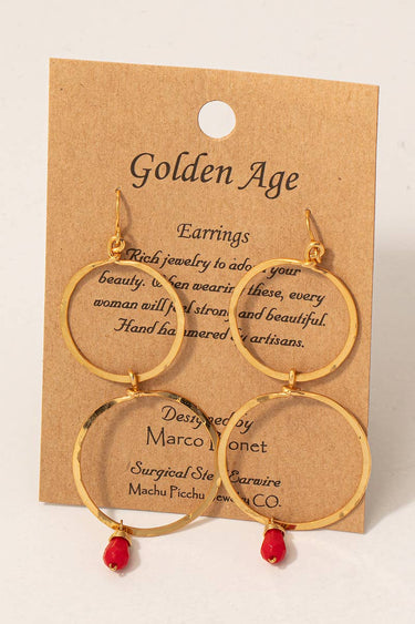 Red Faceted Bead Double Hoop Drop Earrings - GOLD - Hoop