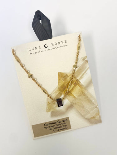 Prism Gems Birthstone Necklace - January featuring genuine garnet with 14KT gold plated brass chain, elegant design.