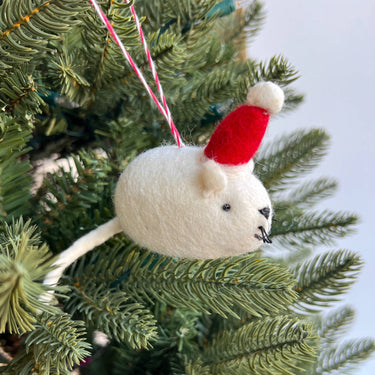 Mouse with Santa Hat Tufted Wool Christmas Ornament on Christmas tree