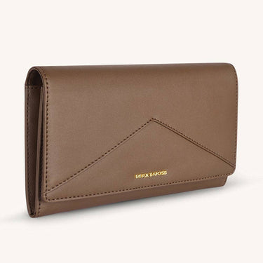 Mira & Moss Napa Long Wallet in vegan leather with brushed gold-tone logo and V-line design.
