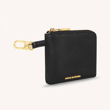 Mira & Moss Nova Compact Wallet in black vegan leather with gold-tone hardware and zip compartment.