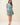 Striped Flattering V Slit Neck Bubble Sleeve Dress in blue with short sleeves and a tiered ruffle skirt.