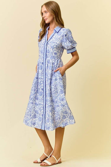 FLORAL PRINTED MIDI SHIRT DRESS W/ SIDE POCKET