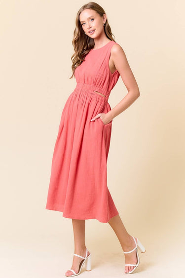 CUT-OUT WAIST MIDI DRESS W/ SIDE POCKET