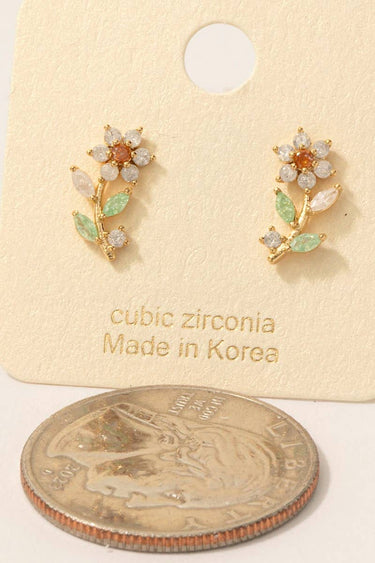 Gold Dipped Cz Flower Stud Earrings - G - Studs
