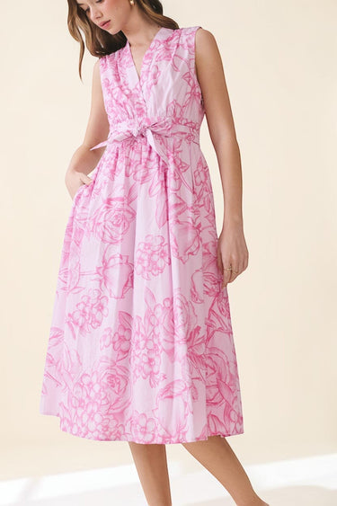 Floral Print Tie Waist Fit & Flare Midi Dress in pink with floral design and self-tie waist, perfect for summer outings.