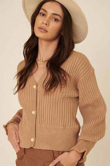 Ribbed Knit Cardigan Puff-Sleeve Sweater