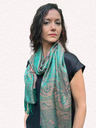 Emerald Green Jamawar Pashmina draped on woman