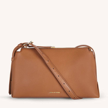 Mira & Moss Audrey Crossbody Bag in brown vegan leather with adjustable strap and gold-tone hardware.