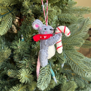 Mouse with Candy Cane Felt Wool Christmas Ornament hanging on greenery