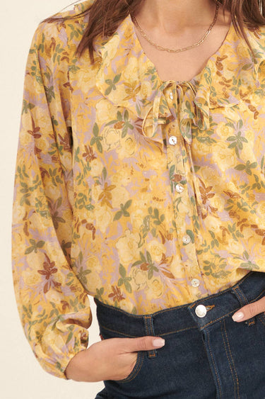 Floral Flounce Ruffle Button Front Woven Blouse