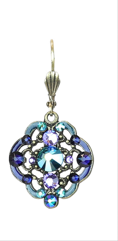 Lustrous Filigree Purple Blue & Green Crystal Drop Earrings