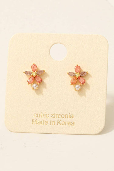 Gold Dipped Cz And Pearl Flower Stud Earrings - G - Studs