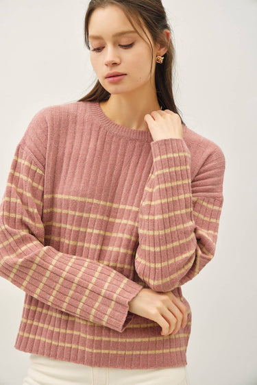 CHUNKY RIBBED STRIPE SWEATER TOP - L / DUSTY PINK - Sweater Top
