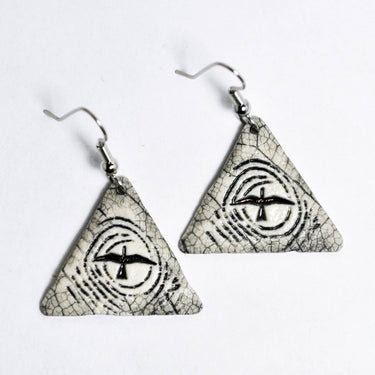 Handmade pottery bird earrings, tri. night flight, nature