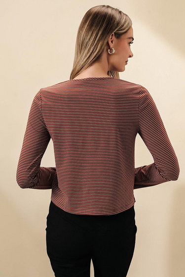 Striped Knit Cardigan back view, featuring long sleeves and a stylish button-up design.