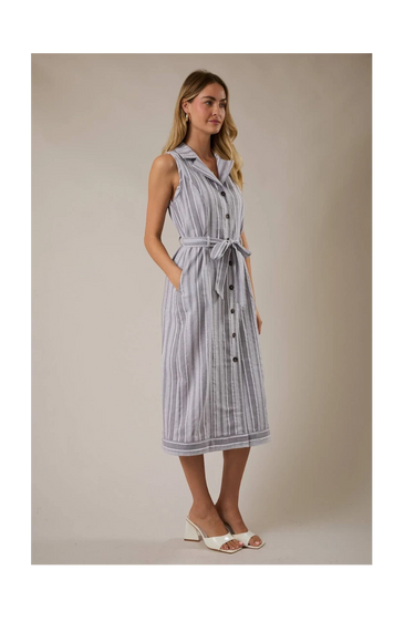 V NECK CAP SLEEVE BUTTON UP WAIST TIE BELT MIDI DRESS worn by a model with a natural pose and stylish shoes.