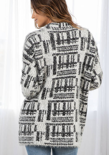 Black and White Fuzzy Long Sleeve Cardigan - Cardigan