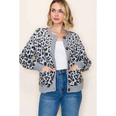 BUTTON DOWN LEOPARD SWEATER CARDIGAN - GREY / S - Cardigan