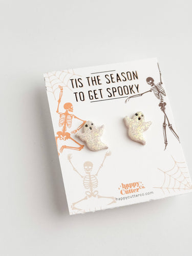 Halloween Studs – White Glitter Ghost Clay Earrings