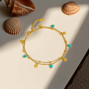 18K gold non-tarnish beaded shell anklets close-up