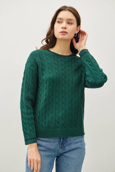 CHUNKY CABLE KNIT SWEATER WITH ACCENT DETAIL - S / Hunter - Sweater