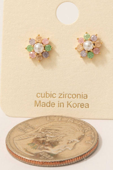 Gold Dipped Cz And Pearl Flower Stud Earrings - G - Studs
