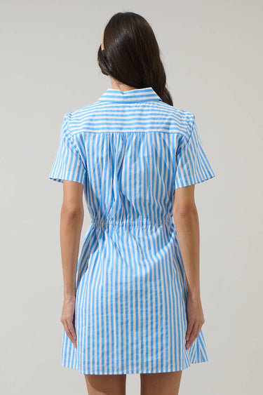 Back view of Saida Striped Kenda Shift Mini Dress in blue and white stripes featuring a drawstring waist and short sleeves.