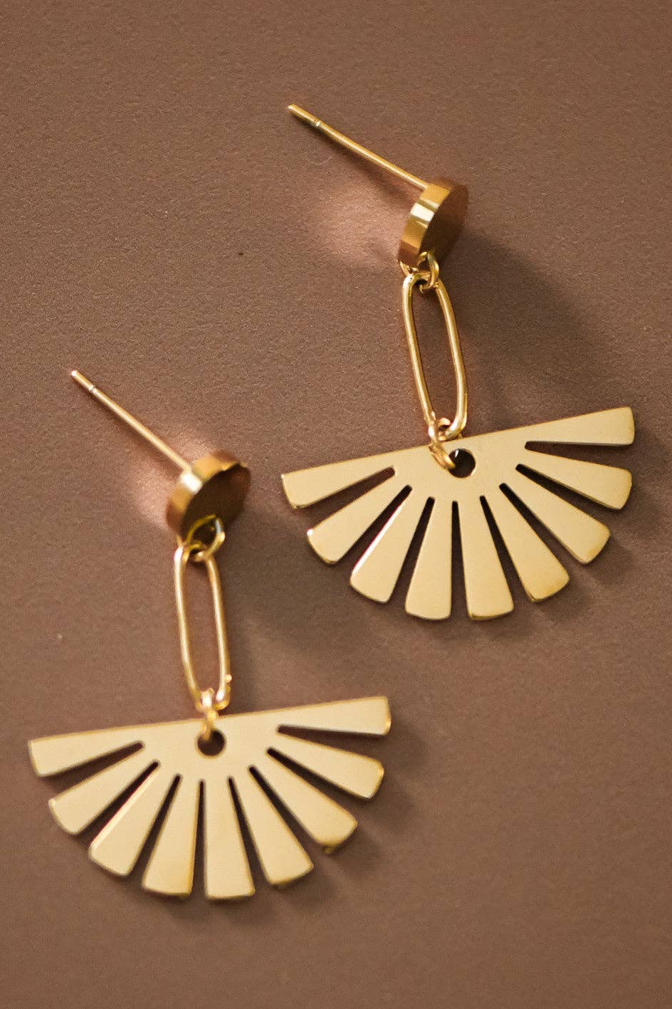 18K Gold PVD Plated Waterproof Stainless Steel Drop Earrings 7527 close-up highlighting the decorative fan details