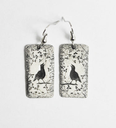 Earrings, Crow on a vine, bird, fired, handmade USA