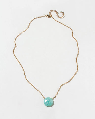 Gem in the Moon Gemstone - Amazonite necklace with gold chain and circular gemstone pendant.