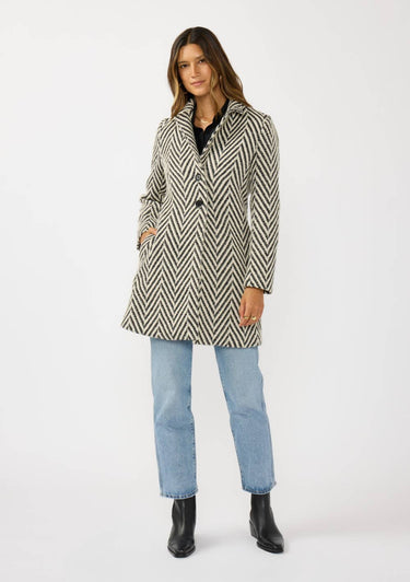 Chevron Notched Lapel Long Sleeve Coat - Cream/Black / L - Coat
