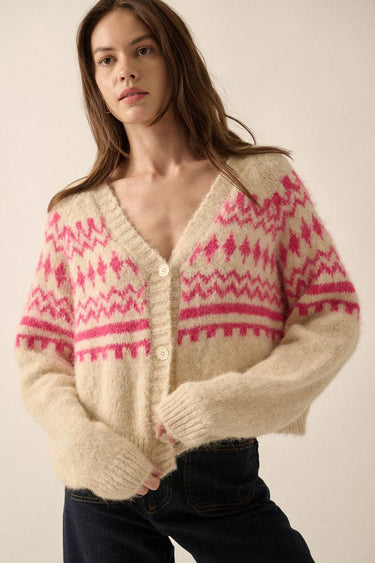 Abstract V Neck Button Front Cardigan Sweater