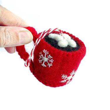 Hot Chocolate Felt Wool Christmas Ornament held by hand