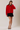 Full-length view of model wearing red Round Rolled Hemline Detail Thin Sweater Cardigan