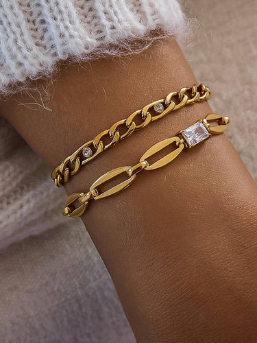 Close-up of Melrose 18K Gold Non-Tarnish Link Chain CZ Bracelet worn on the wrist