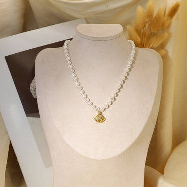 Synthetic Pearl Necklace With Shell Pendant