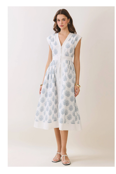 Floral Print Zipper Front Midi Dress worn by model with cap sleeves and V neckline, showcasing a flattering fit.