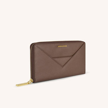 Mira & Moss Corrine Long Wallet in brown vegan leather with geometric design and gold-tone hardware.