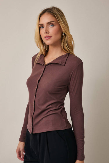 Front view of model wearing burgundy Mock Neck Long Sleeve Button Up Top